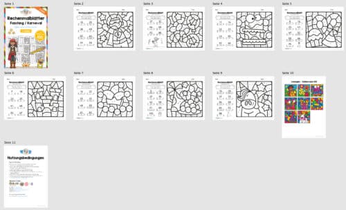 8 Rechenmalblätter Fasching/Karneval: Zahlenraum 100 (Überblick)