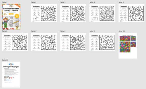 8 Rechenmalblätter Fasching/Karneval: Zahlenraum 20 (Überblick)