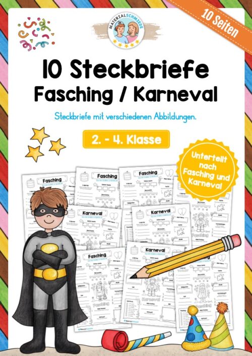 10 Steckbriefe zum Fasching/Karneval (Verschiedene Kostüme)