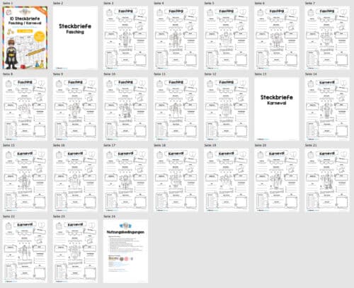 10 Steckbriefe zum Fasching/Karneval (Verschiedene Kostüme) - Überblick