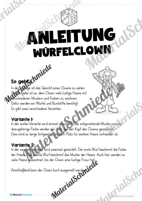 Würfeln und Clown Haare malen (Fasching / Karneval) - Arbeitsblatt 01 - Anleitung