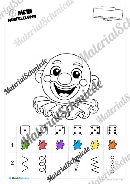 Würfeln und Clown Haare malen (Fasching / Karneval) - Arbeitsblatt 02