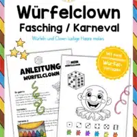 Würfeln und Clown Haare malen (Fasching / Karneval) - 3 Arbeitsblätter