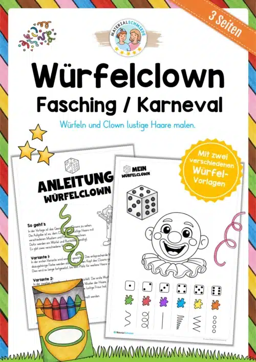 Würfeln und Clown Haare malen (Fasching / Karneval) - 3 Arbeitsblätter