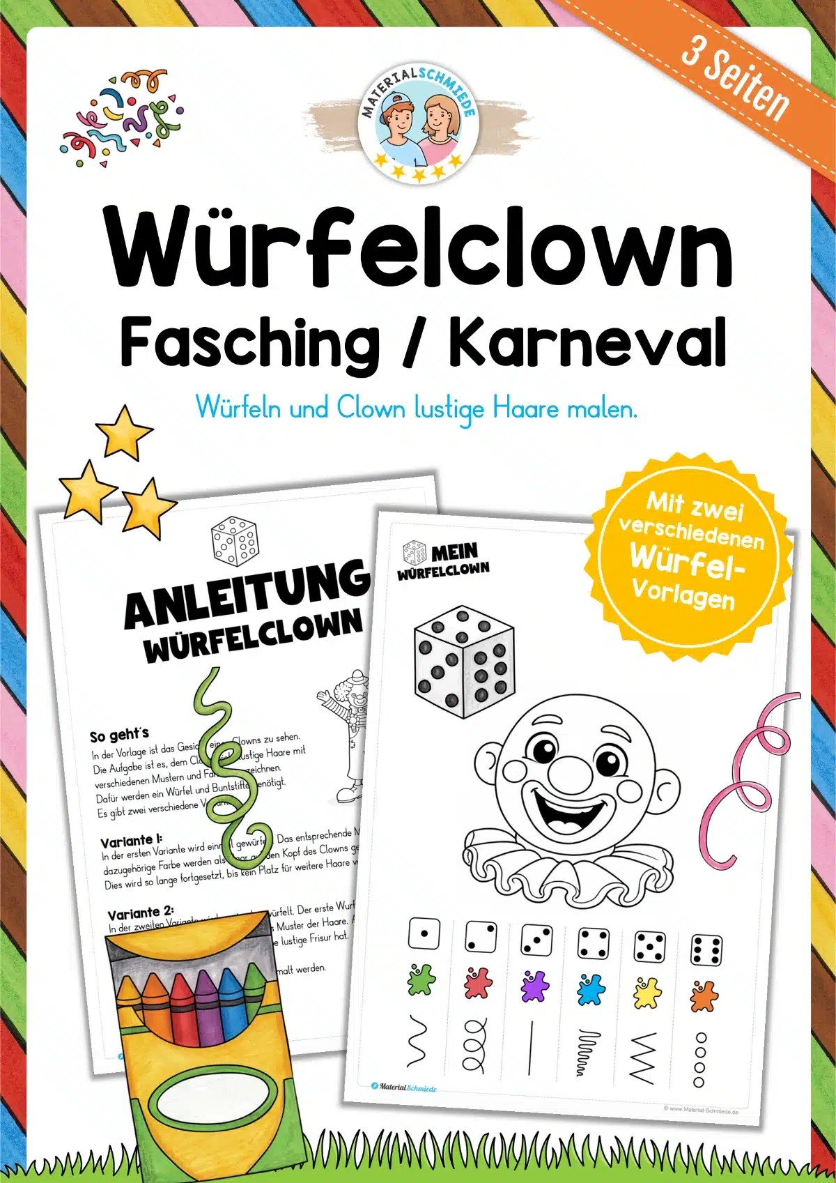 Würfeln und Clown Haare malen (Fasching / Karneval) - 3 Arbeitsblätter