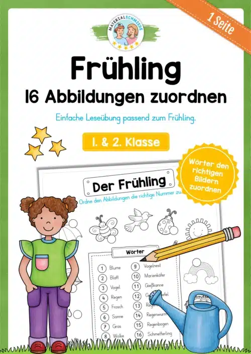 16 Abbildungen zum Frühling zuordnen (Leseübung für die 1. & 2. Klasse)
