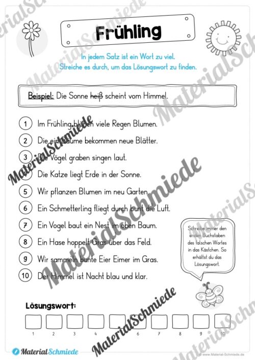 Leseübung Frühling: Ein Wort zu viel (Arbeitsblatt 01)