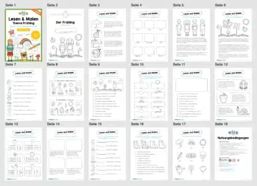 15 Arbeitsblätter zum Lesen & Malen im Frühling (3. & 4. Klasse) - Überblick