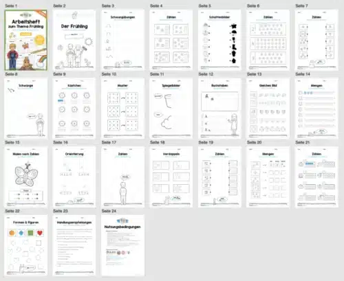 Arbeitsheft Frühling: Vorschule (20 Arbeitsblätter) - Überblick