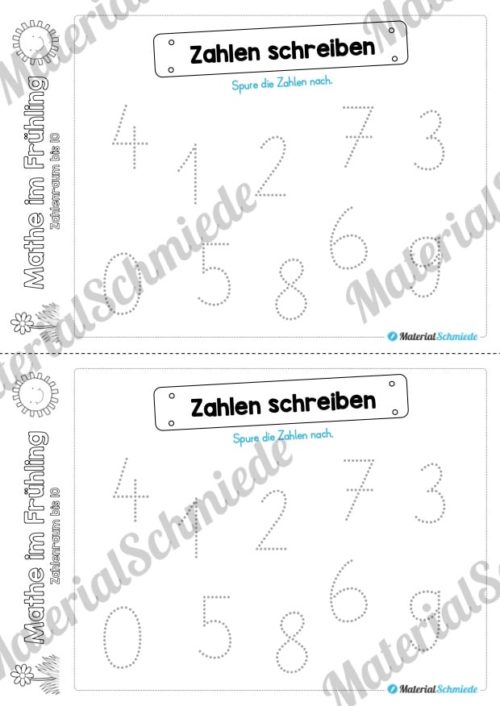 Mathe Übungen Frühling - Zahlenraum bis 10 (Zahlen nachspuren)