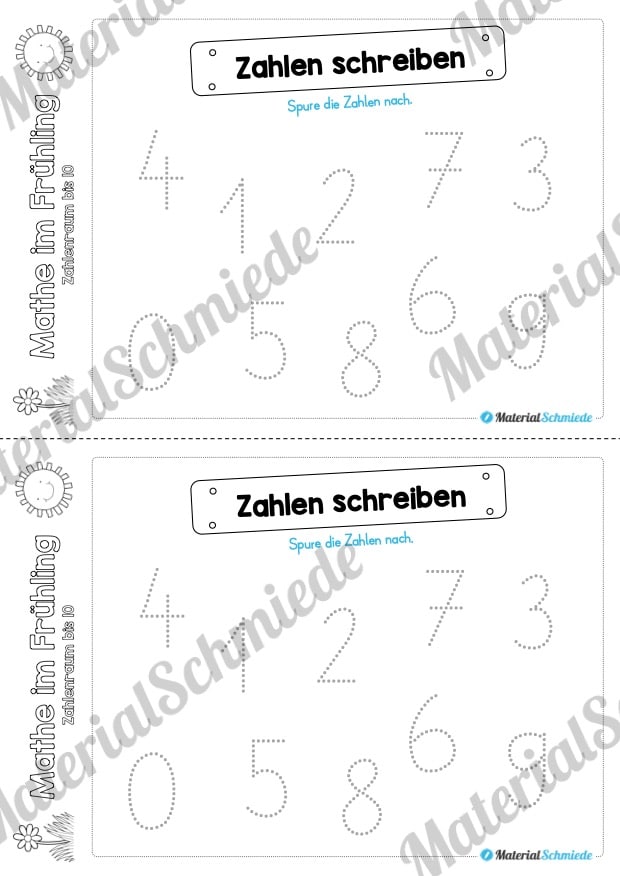 Mathe Übungen Frühling – Zahlenraum bis 10 (Zahlen nachspuren)