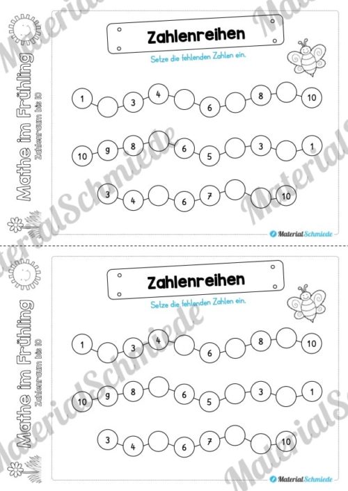 Mathe Übungen Frühling - Zahlenraum bis 10 (Zahlenreihen)