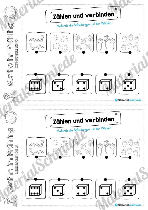 Mathe Übungen Frühling – Zahlenraum bis 10 (Zählen und verbinden)