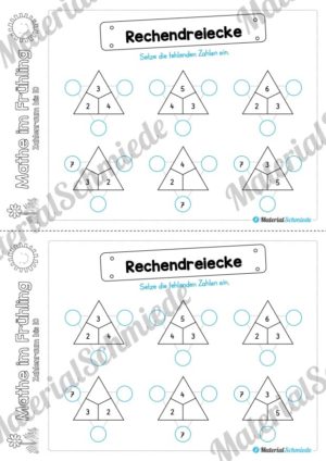 Mathe Übungen Frühling – Zahlenraum bis 10 (Rechendreiecke)