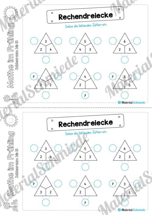 Mathe Übungen Frühling - Zahlenraum bis 10 (Rechendreiecke)