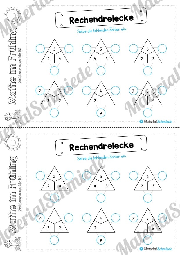 Mathe Übungen Frühling – Zahlenraum bis 10 (Rechendreiecke)