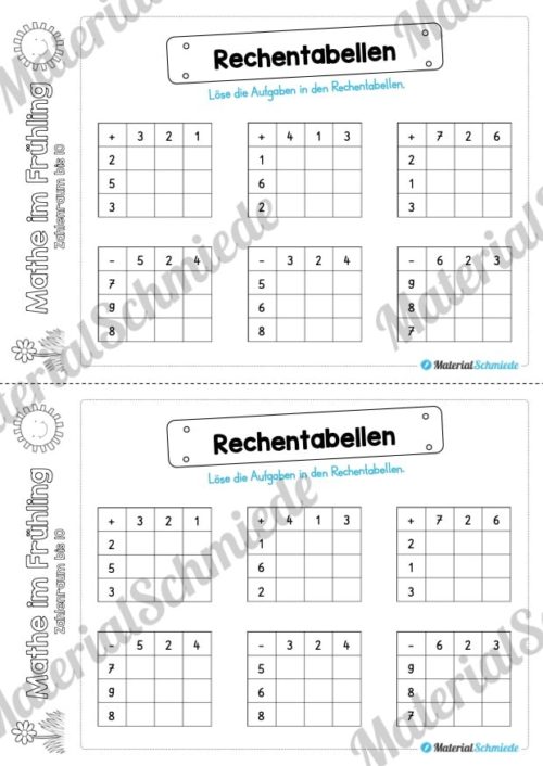 Mathe Übungen Frühling - Zahlenraum bis 10 (Rechentabellen)