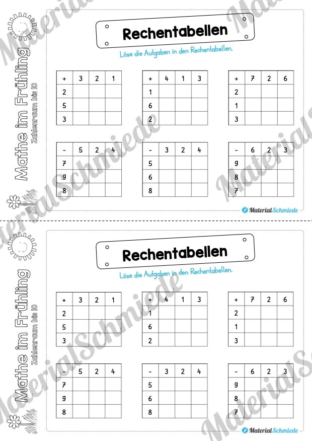 Mathe Übungen Frühling – Zahlenraum bis 10 (Rechentabellen)