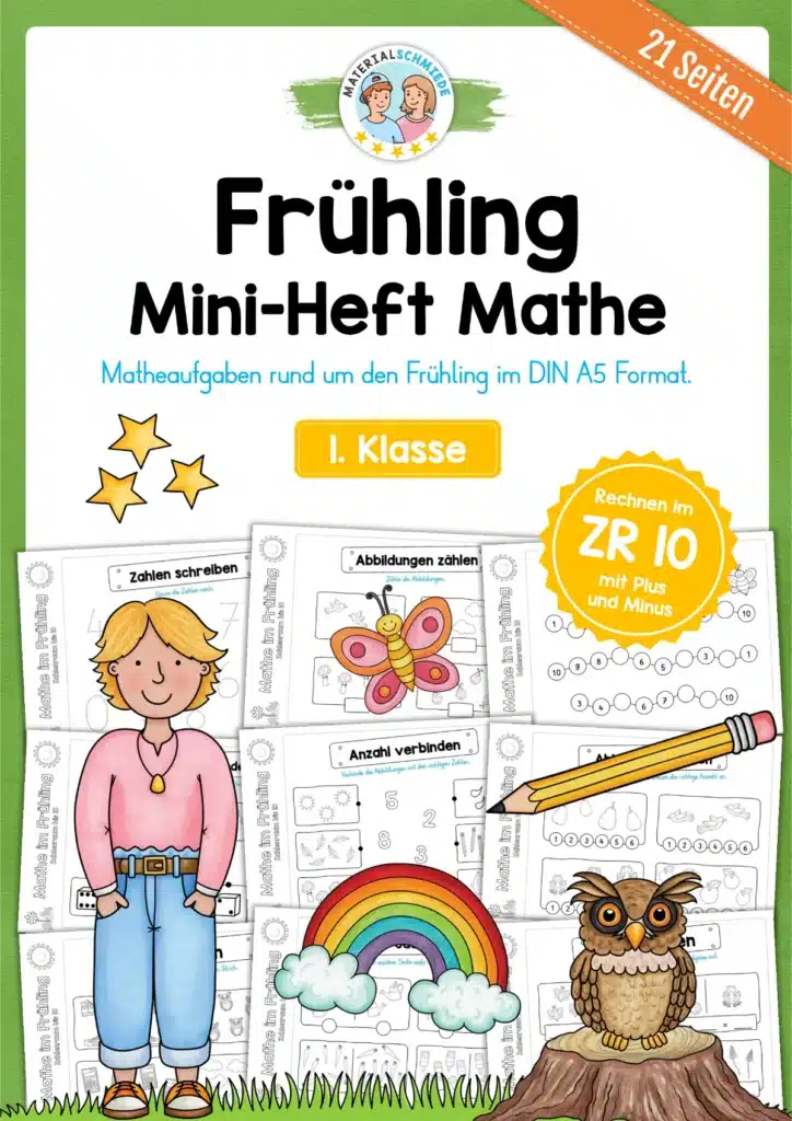 21 Seiten: Mathe Frühlings-Heftchen (Zahlenraum bis 10)