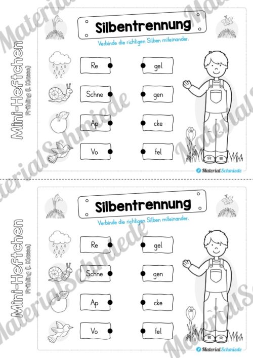 Mini-Heft: Frühling für die 1. Klasse (Silbentrennung)