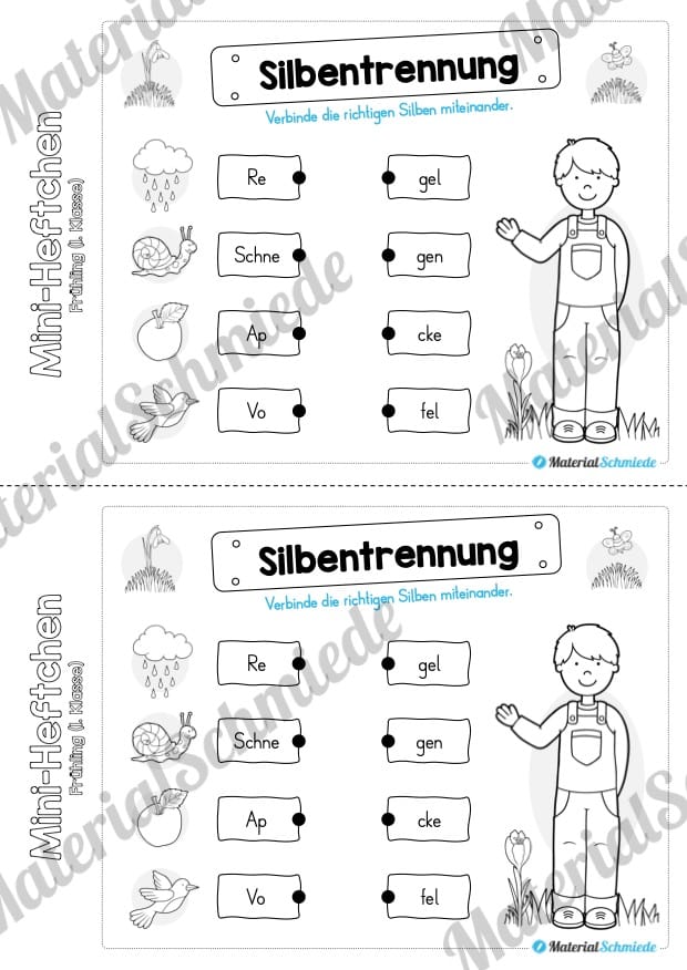 Mini-Heft: Frühling für die 1. Klasse (Silbentrennung)