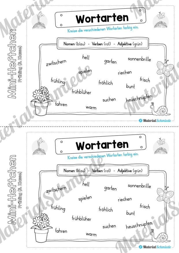 Mini-Heft: Frühling für die 3. Klasse (Wortarten unterteilen)