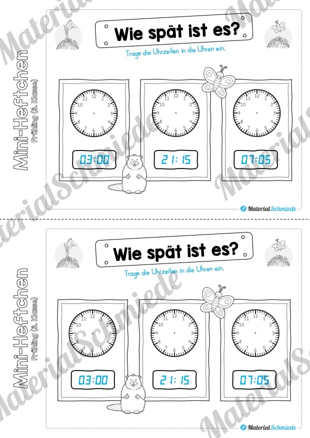 Mini-Heft: Frühling für die 3. Klasse (Uhrzeiten eintragen)