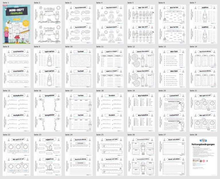 Mini-Heft: Frühling – 3. Klasse (25 Arbeitsblätter) – Überblick