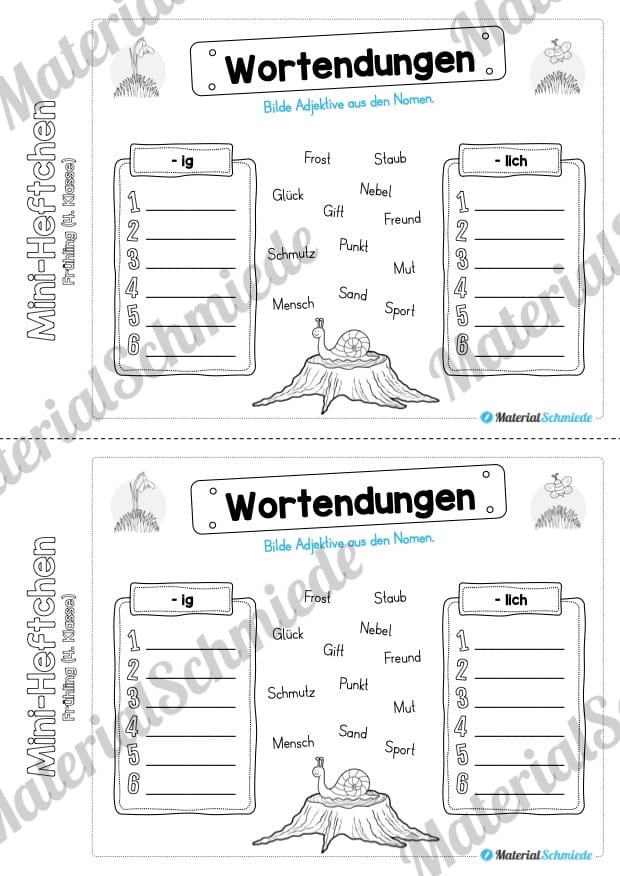 Mini-Heft: Frühling für die 4. Klasse (Wortendungen -ig und -lich)