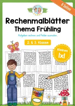 8 Rechenmalblätter Frühling: Kleines 1x1 (2. & 3. Klasse)