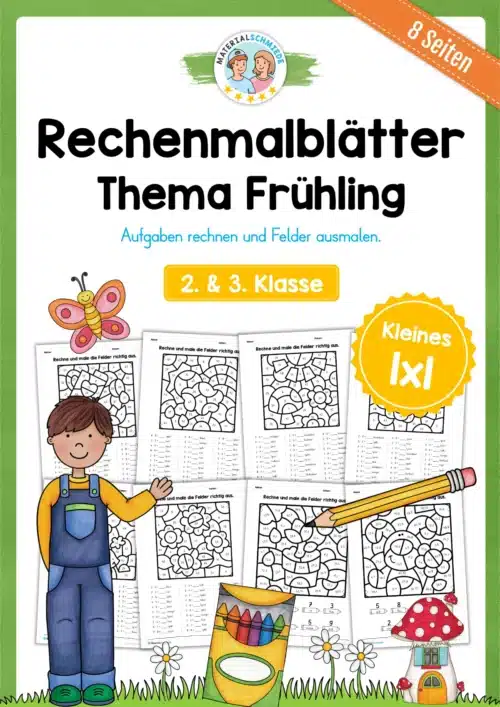 8 Rechenmalblätter Frühling: Kleines 1x1 (2. & 3. Klasse)