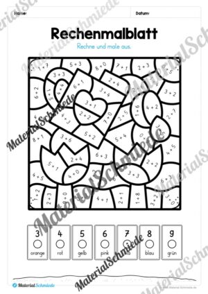 8 Rechenmalblätter zum Frühling im Zahlenraum bis 10 (Vorschau 06)