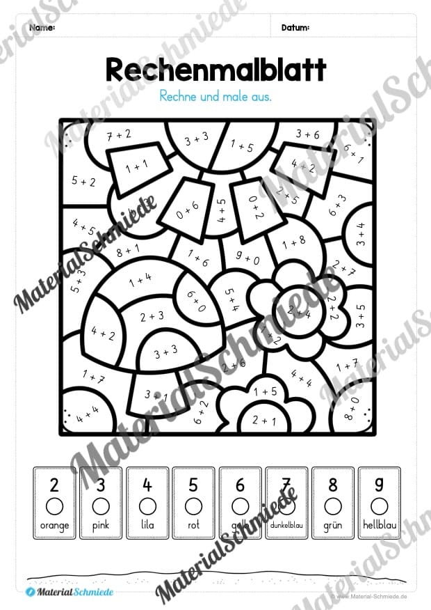 8 Rechenmalblätter zum Frühling im Zahlenraum bis 10 (Vorschau 07)