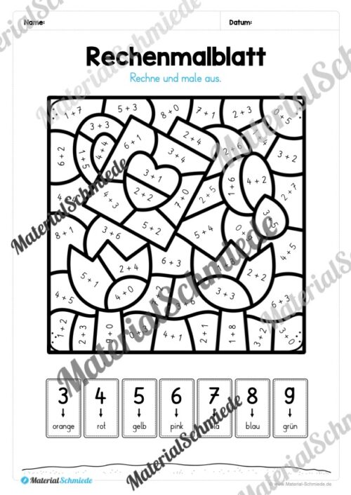 8 Rechenmalblätter zum Frühling im Zahlenraum bis 10 (Vorschau 10)
