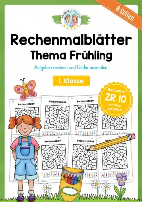8 Rechenmalblätter Frühling: Zahlenraum 10 (1. Klasse)