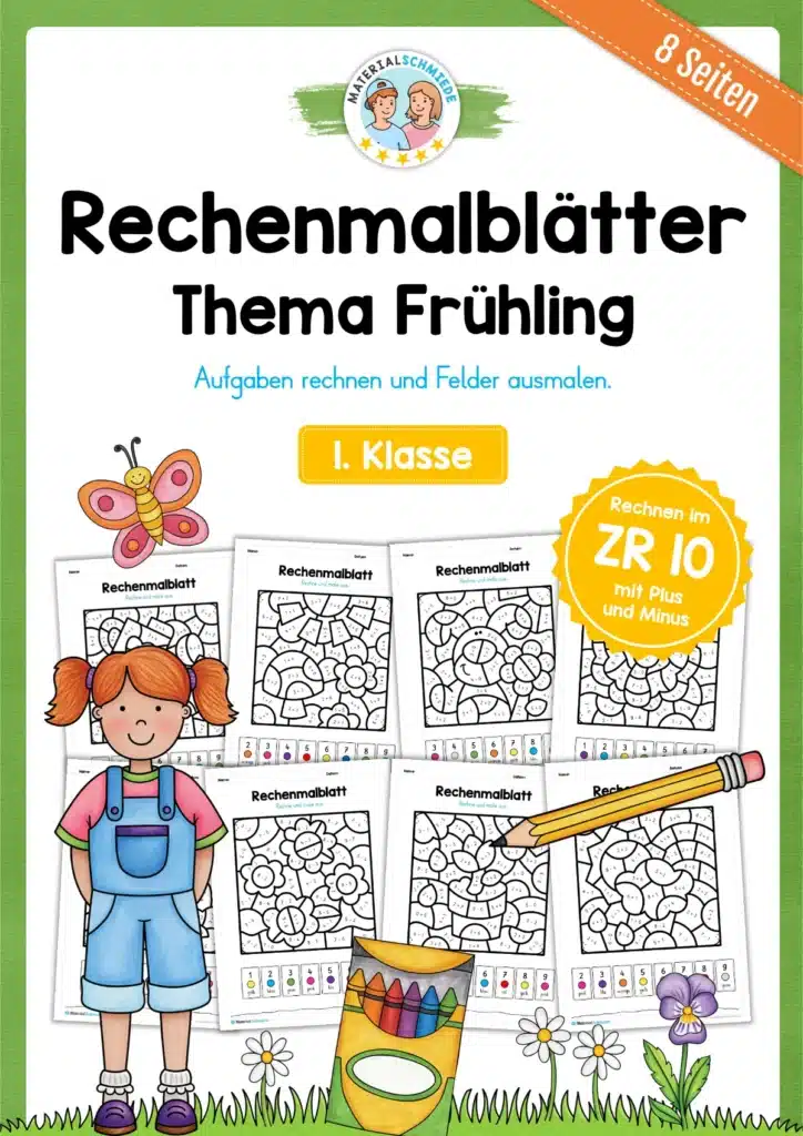 8 Rechenmalblätter Frühling: Zahlenraum 10 (1. Klasse)