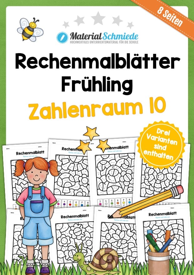 8 Rechenmalblätter zum Frühling im Zahlenraum bis 10