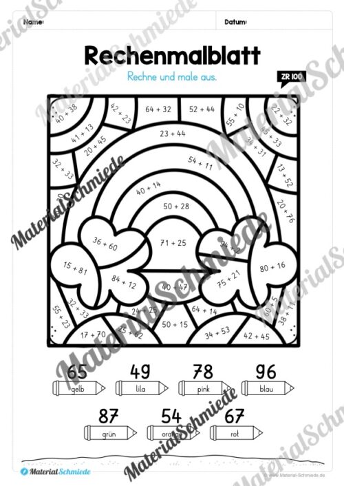 8 Rechenmalblätter zum Frühling im Zahlenraum bis 100 (Vorschau 01)