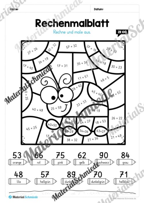 8 Rechenmalblätter zum Frühling im Zahlenraum bis 100 (Vorschau 02)