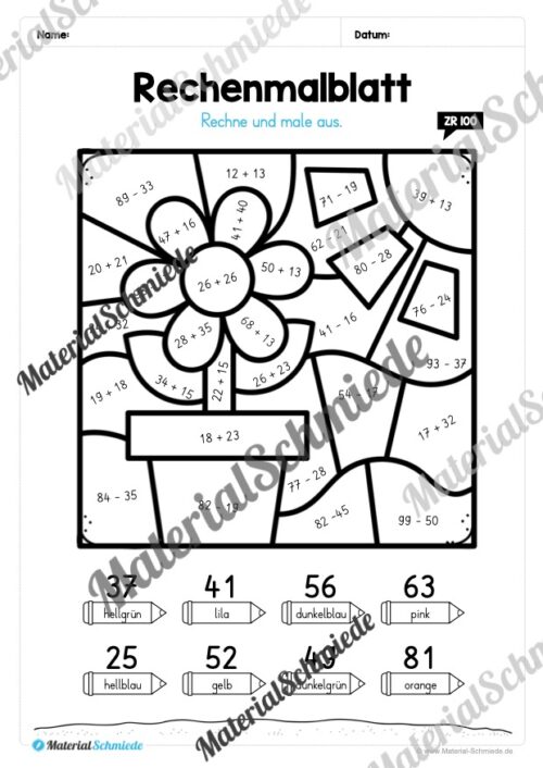 8 Rechenmalblätter zum Frühling im Zahlenraum bis 100 (Vorschau 06)