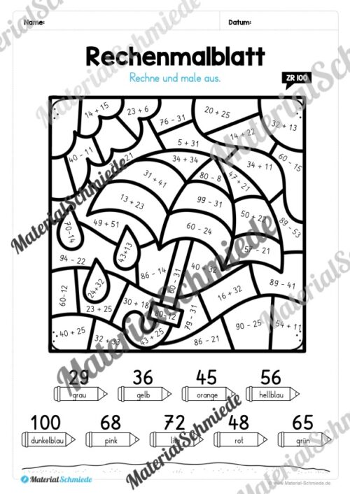 8 Rechenmalblätter zum Frühling im Zahlenraum bis 100 (Vorschau 07)