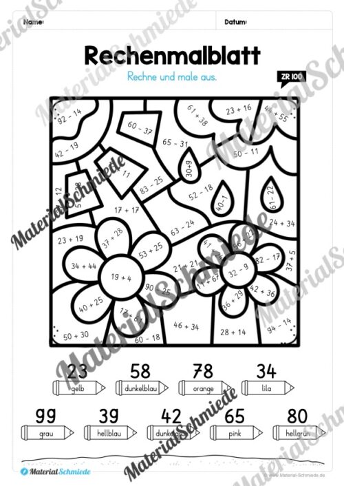 8 Rechenmalblätter zum Frühling im Zahlenraum bis 100 (Vorschau 08)