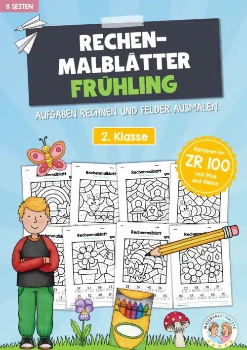 8 Rechenmalblätter Frühling: Zahlenraum 100