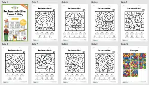 8 Rechenmalblätter Frühling: Zahlenraum 100 (2. Klasse) - Überblick