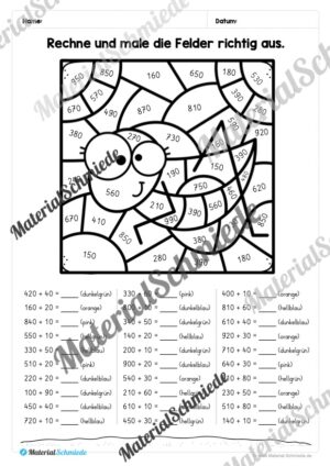 8 Rechenmalblätter zum Frühling im Zahlenraum bis 1.000 (Vorschau 01)