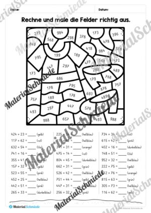 8 Rechenmalblätter zum Frühling im Zahlenraum bis 1.000 (Vorschau 02)