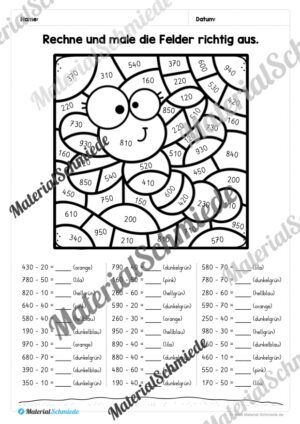 8 Rechenmalblätter zum Frühling im Zahlenraum bis 1.000 (Vorschau 03)