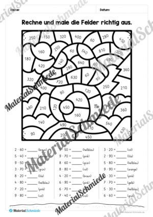 8 Rechenmalblätter zum Frühling im Zahlenraum bis 1.000 (Vorschau 06)