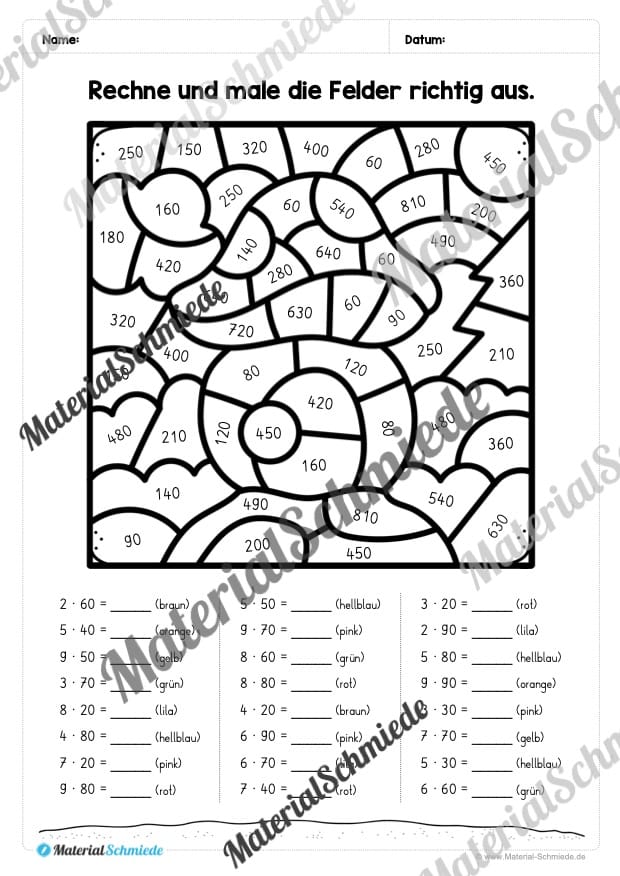 8 Rechenmalblätter zum Frühling im Zahlenraum bis 1.000 (Vorschau 06)