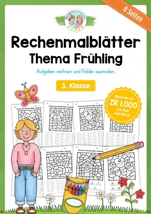 8 Rechenmalblätter Frühling: Zahlenraum 1.000 (3. Klasse)